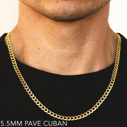 14K 5.5MM YELLOW GOLD SOLID PAVE CURB 30" CHAIN NECKLACE (AVAILABLE IN LENGTHS 7" - 30")