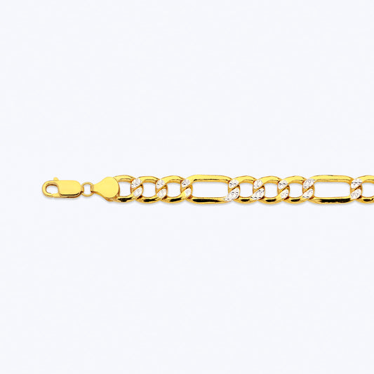 10K 10.5MM YELLOW GOLD HOLLOW PAVE FIGARO 8.5" CHAIN BRACELET (AVAILABLE IN LENGTHS 7" - 30")