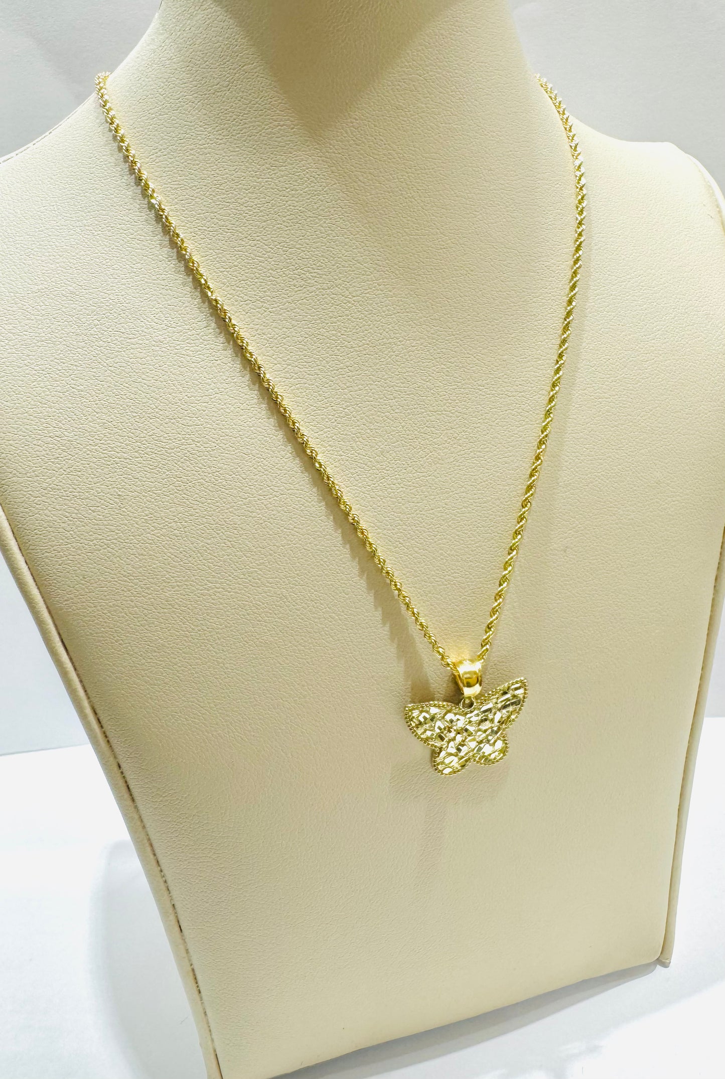 10K GOLD ROPE NECKLACE 22” ,WEIGHT: 1.3gm, WIDTH: 1.5mm  WITH BUTTERFLY PENDANT, WEIGHT: 1.2gm