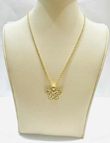 10K GOLD ROPE NECKLACE 22” ,WEIGHT: 1.3gm, WIDTH: 1.5mm  WITH BUTTERFLY PENDANT, WEIGHT: 1.2gm