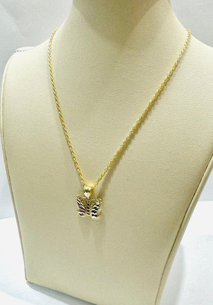 10K GOLD ROPE NECKLACE 22”, WEIGHT: 1.4gm, WIDTH: 1.5mm WITH SMALL BUTTERFLY PENDANT, WEIGHT: 1.2gm