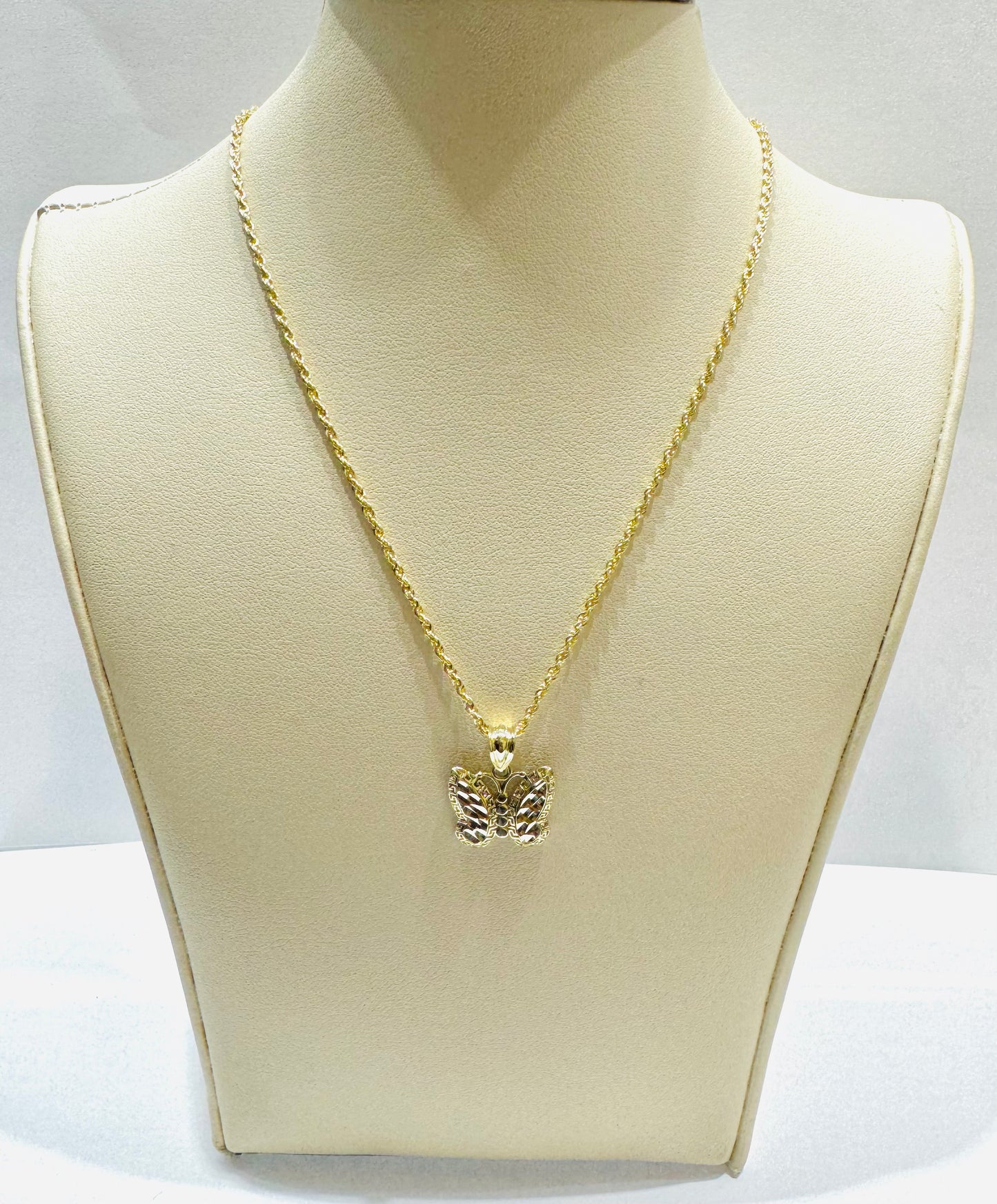 10K GOLD ROPE NECKLACE 22”, WEIGHT: 1.4gm, WIDTH: 1.5mm WITH SMALL BUTTERFLY PENDANT, WEIGHT: 1.2gm