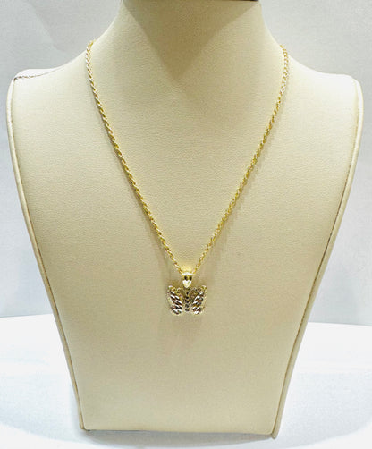 10K GOLD ROPE NECKLACE 22”, WEIGHT: 1.4gm, WIDTH: 1.5mm WITH SMALL BUTTERFLY PENDANT, WEIGHT: 1.2gm