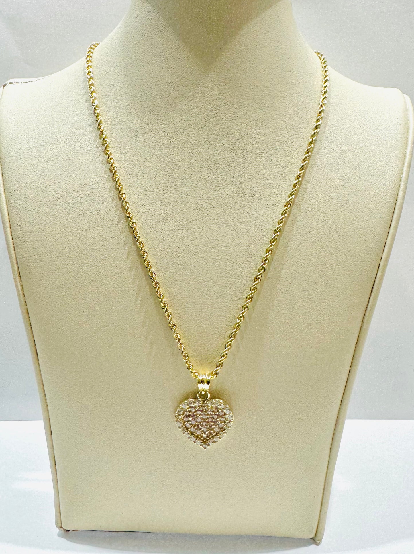 10K GOLD ROPE NECKLACE 18”, WEIGHT: 1.5gm, WIDTH: 2mm WITH HEART CZ STONES PENDANT, WEIGHT: 2.4gm