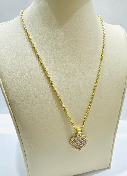 10K GOLD ROPE NECKLACE 18”, WEIGHT: 1.5gm, WIDTH: 2mm WITH HEART CZ STONES PENDANT, WEIGHT: 2.4gm