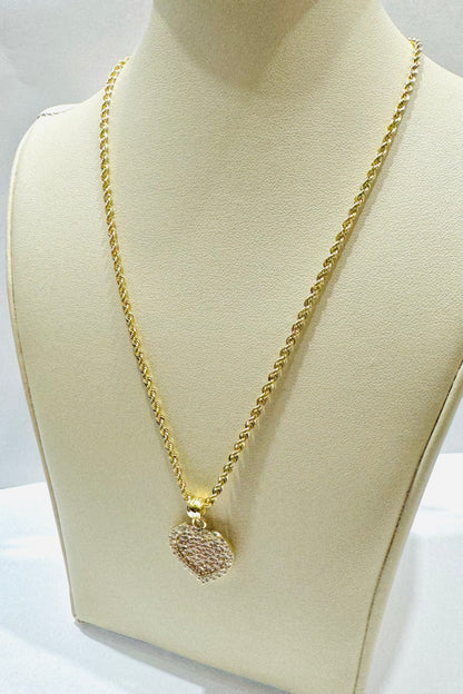 10K GOLD ROPE NECKLACE 18”, WEIGHT: 1.5gm, WIDTH: 2mm WITH HEART CZ STONES PENDANT, WEIGHT: 2.4gm