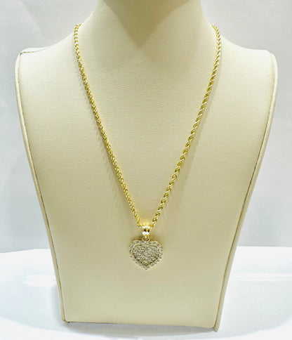 10K GOLD ROPE NECKLACE 18”, WEIGHT: 1.5gm, WIDTH: 2mm WITH HEART CZ STONES PENDANT, WEIGHT: 2.4gm