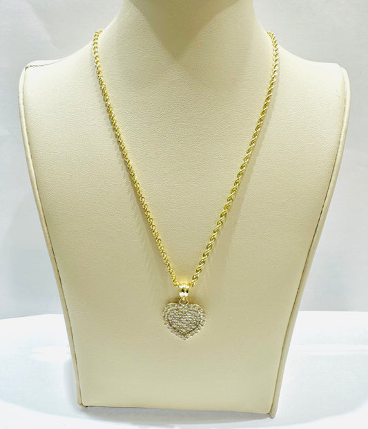 10K GOLD ROPE NECKLACE 18”, WEIGHT: 1.5gm, WIDTH: 2mm WITH HEART CZ STONES PENDANT, WEIGHT: 2.4gm