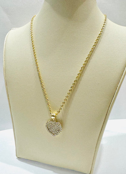 10K GOLD ROPE NECKLACE 18”, WEIGHT: 1.5gm, WIDTH: 2mm WITH HEART CZ STONES PENDANT, WEIGHT: 2.4gm
