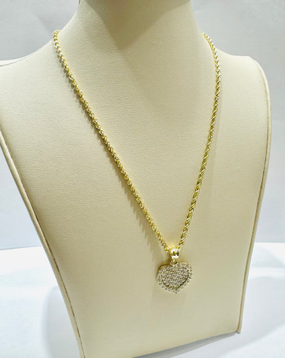 10K GOLD ROPE NECKLACE 18”, WEIGHT: 1.5gm, WIDTH: 2mm WITH HEART CZ STONES PENDANT, WEIGHT: 2.4gm
