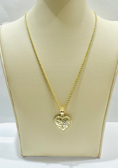 10K GOLD ROPE NECKLACE 22”, WEIGHT: 1.4gm, WIDTH: 1.5mm WITH NUGGET HEART PENDANT, WEIGHT: 1.6gm