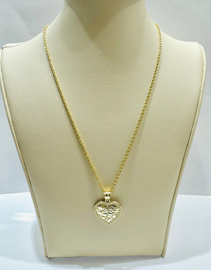 10K GOLD ROPE NECKLACE 22”, WEIGHT: 1.4gm, WIDTH: 1.5mm WITH NUGGET HEART PENDANT, WEIGHT: 1.6gm