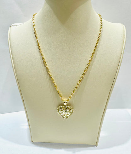 10K GOLD ROPE NECKLACE 20”, WEIGHT: 3.3gm, WIDTH: 2.5mm WITH HEART NUGGET PENDANT, WEIGHT: 1.7gm