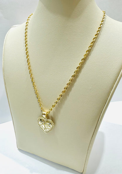 10K GOLD ROPE NECKLACE 20”, WEIGHT: 3.3gm, WIDTH: 2.5mm WITH HEART NUGGET PENDANT, WEIGHT: 1.7gm