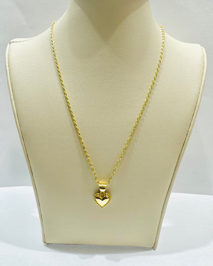 10K GOLD ROPE NECKLACE 18”, WEIGHT: 1.2gm, WIDTH: 1.5mm WITH HEART PENDANT, WEIGHT: 1.4gm