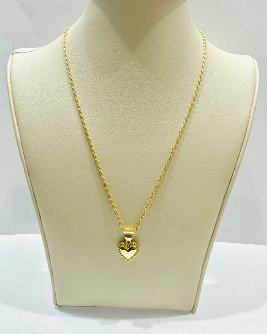 10K GOLD ROPE NECKLACE 18”, WEIGHT: 1.2gm, WIDTH: 1.5mm WITH HEART PENDANT, WEIGHT: 1.4gm