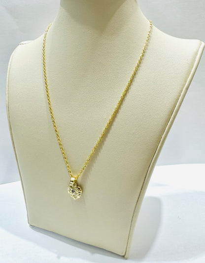 10K GOLD ROPE NECKLACE 18”, WEIGHT: 1.2gm, WIDTH: 1.5mm WITH SMALL HEART PENDANT, WEIGHT: 0.7gm