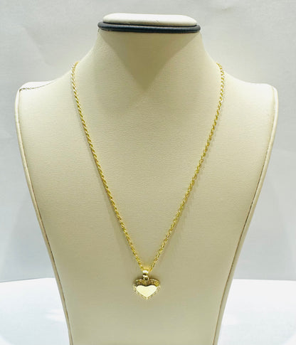10K GOLD ROPE NECKLACE 18”, WEIGHT: 1.2gm, WIDTH: 1.5mm WITH HEART PENDANT, WEIGHT: 0.9gm