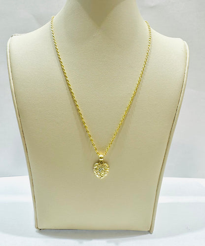 10K GOLD ROPE NECKLACE 18”, WEIGHT: 1.2gm, WIDTH: 1.5mm WITH SMALL HEART PENDANT, WEIGHT: 0.7gm
