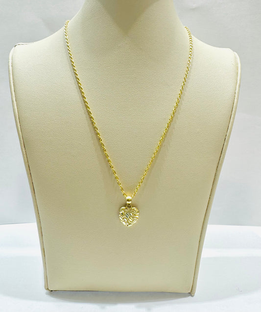 10K GOLD ROPE NECKLACE 18”, WEIGHT: 1.2gm, WIDTH: 1.5mm WITH SMALL HEART PENDANT, WEIGHT: 0.7gm