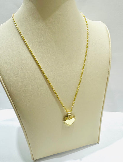 10K GOLD ROPE NECKLACE 18”, WEIGHT: 1.2gm, WIDTH: 1.5mm WITH HEART PENDANT, WEIGHT: 0.9gm