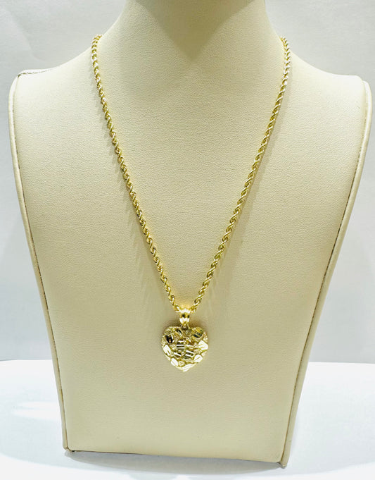 10K GOLD ROPE NECKLACE 22”, WEIGHT: 1.8gm, WIDTH: 2mm WITH HEART NUGGET PENDANT, WEIGHT: 1.5gm