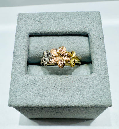 10K GOLD Tri-color PLUMERIA FLOWER RING, WEIGHT: 1.7gm, SIZE: 7