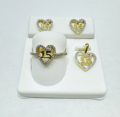 10K GOLD NATURAL DIAMONDS HEART QUINCEANERA SET, 0.35CT