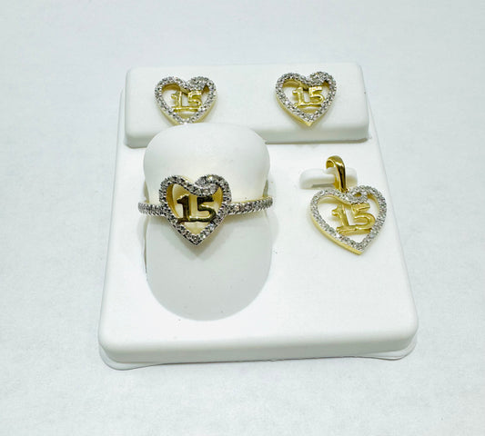 10K GOLD NATURAL DIAMONDS HEART QUINCEANERA SET, 0.35CT