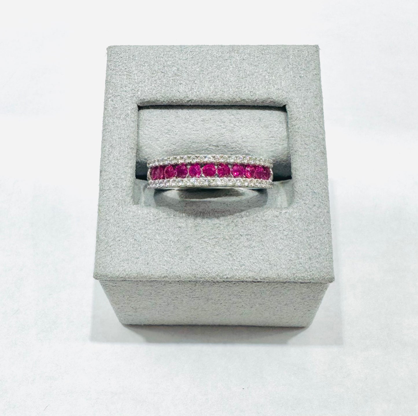 14K WHITE GOLD NATURAL DIAMOND RUBY WEDDING BAND, SIZE: 6