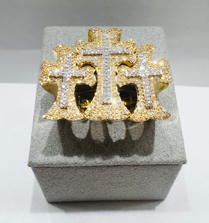 10K GOLD MEN’S NATURAL DIAMOND THREE CROSS RING 1.17CT, SIZE: 10