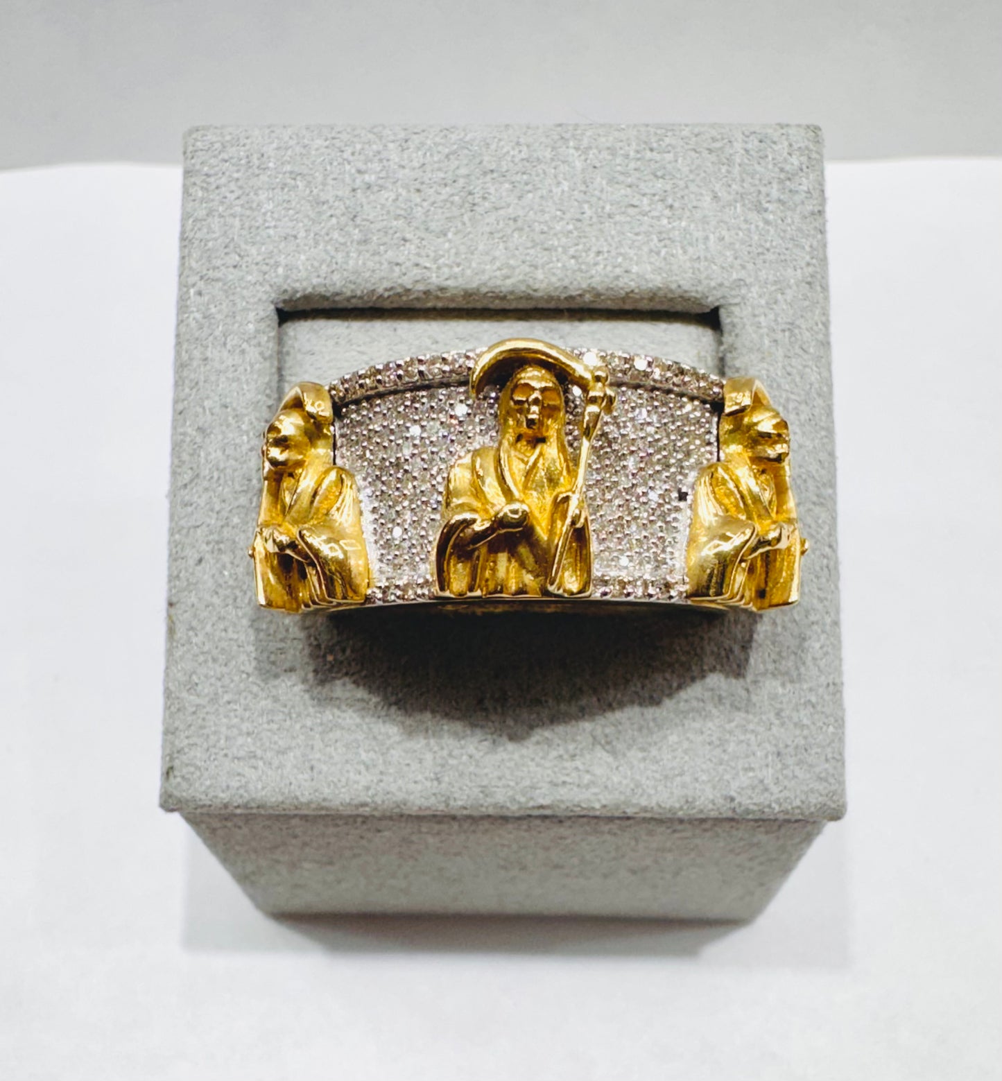 10K GOLD MEN’S NATURAL DIAMOND “3 FACE SANTA MUERTA” RING 0.65CT, SIZE: 10