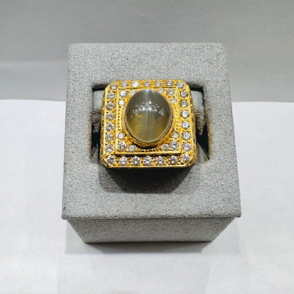 18K GOLD MEN’S NATURAL DIAMOND WITH CAT EYE STONE RING 2.CT, SIZE: 9.5