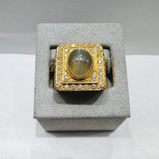 18K GOLD MEN’S NATURAL DIAMOND WITH CAT EYE STONE RING 2.CT, SIZE: 9.5