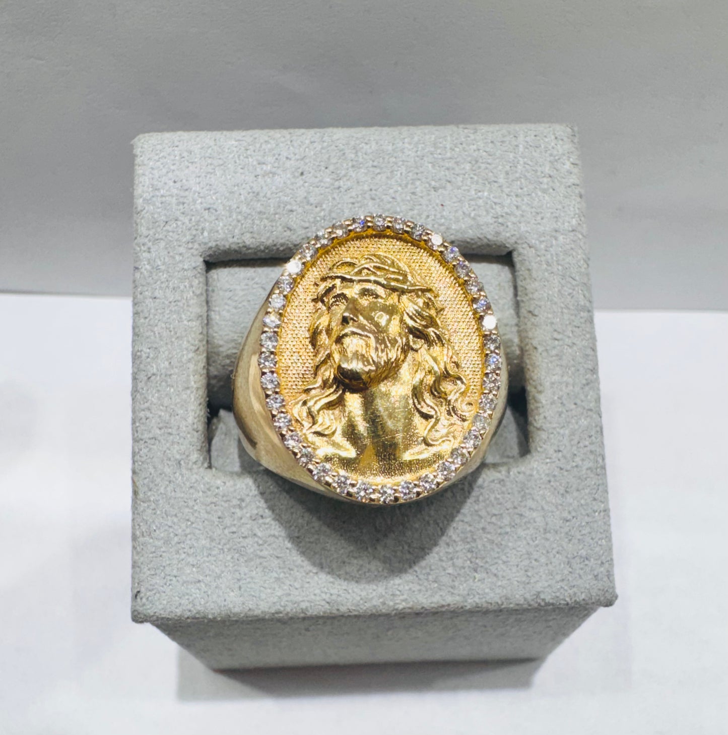 14K GOLD MEN’S NATURAL DIAMOND JESUS FACE RING 0.38CT, SIZE: 10
