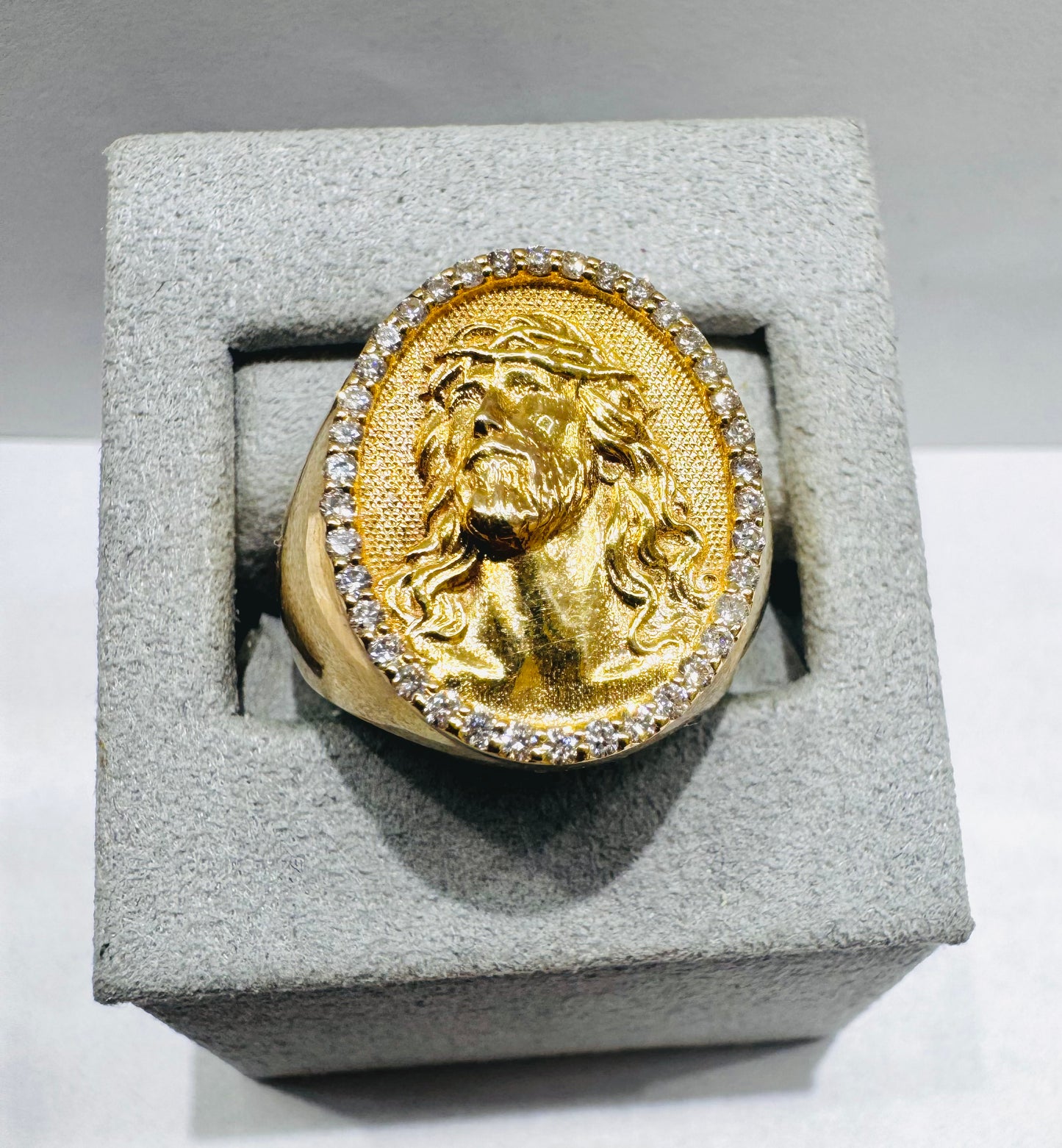 14K GOLD MEN’S NATURAL DIAMOND JESUS FACE RING 0.38CT, SIZE: 10