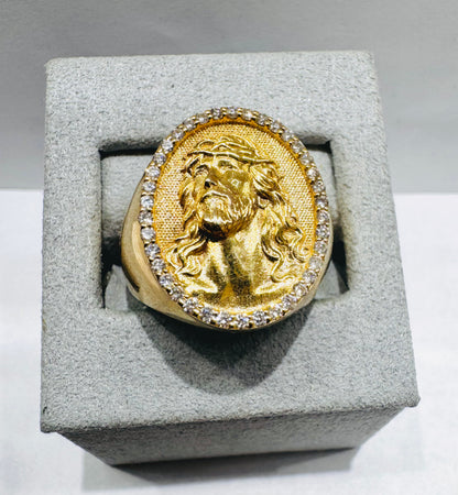 14K GOLD MEN’S NATURAL DIAMOND JESUS FACE RING 0.38CT, SIZE: 10