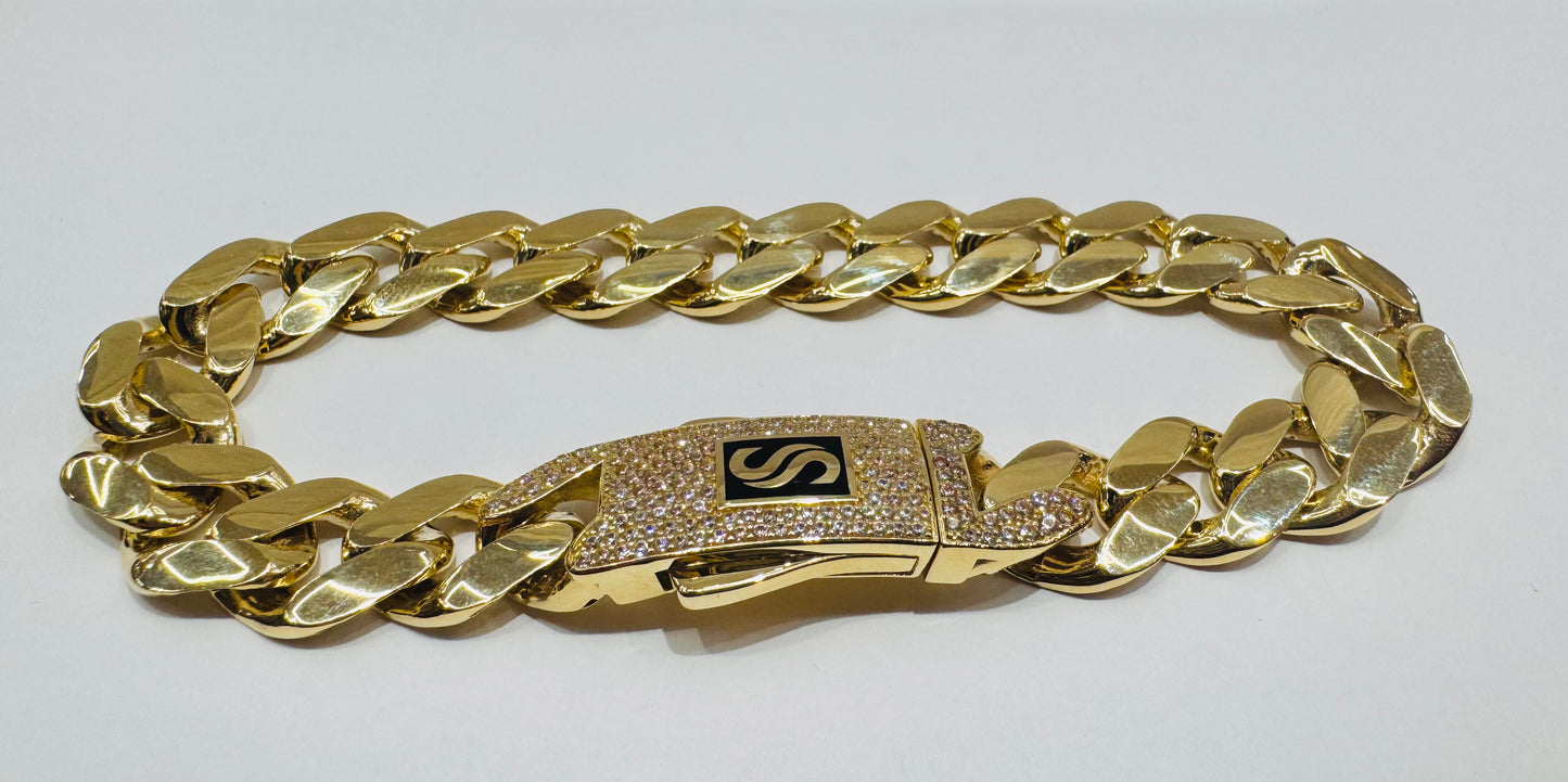 10K GOLD MONACO BRACELET 8”, WEIGHT: 18.6gm, WIDTH: 10mm
