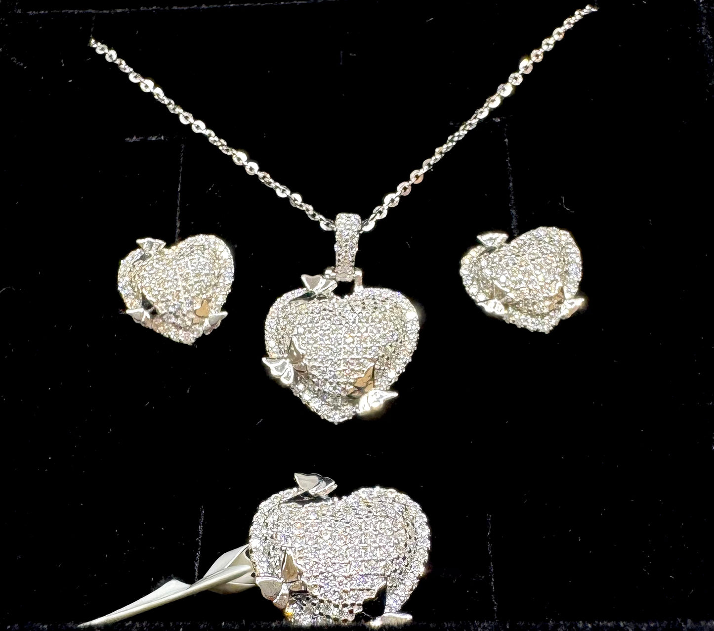 SILVER MOISSANITE HEART SHAPED JEWELRY SET WITH SMALL BUTTERFLIES 2.02CT, RING-SIZE: 7