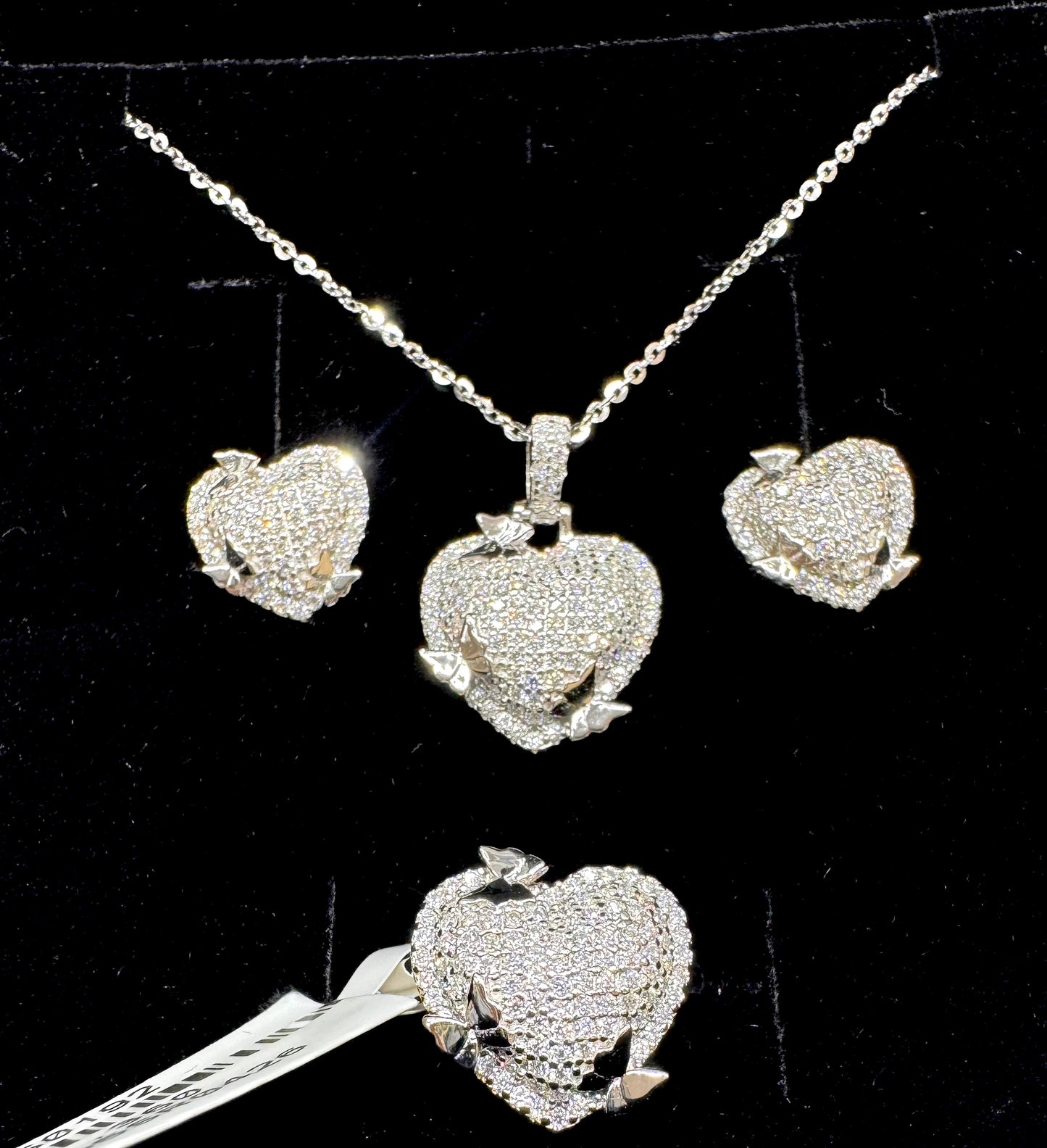 SILVER MOISSANITE HEART SHAPED JEWELRY SET WITH SMALL BUTTERFLIES 2.02CT, RING-SIZE: 7