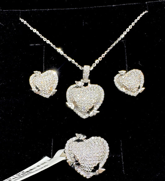 SILVER MOISSANITE HEART SHAPED JEWELRY SET WITH SMALL BUTTERFLIES 2.02CT, RING-SIZE: 7