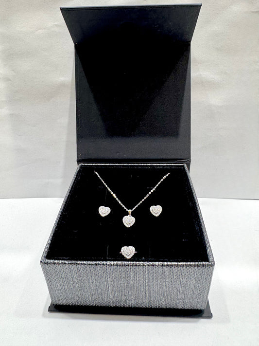 SILVER MOISSANITE HEART SHAPED JEWELRY SET 3.73CT, RING-SIZE: 7