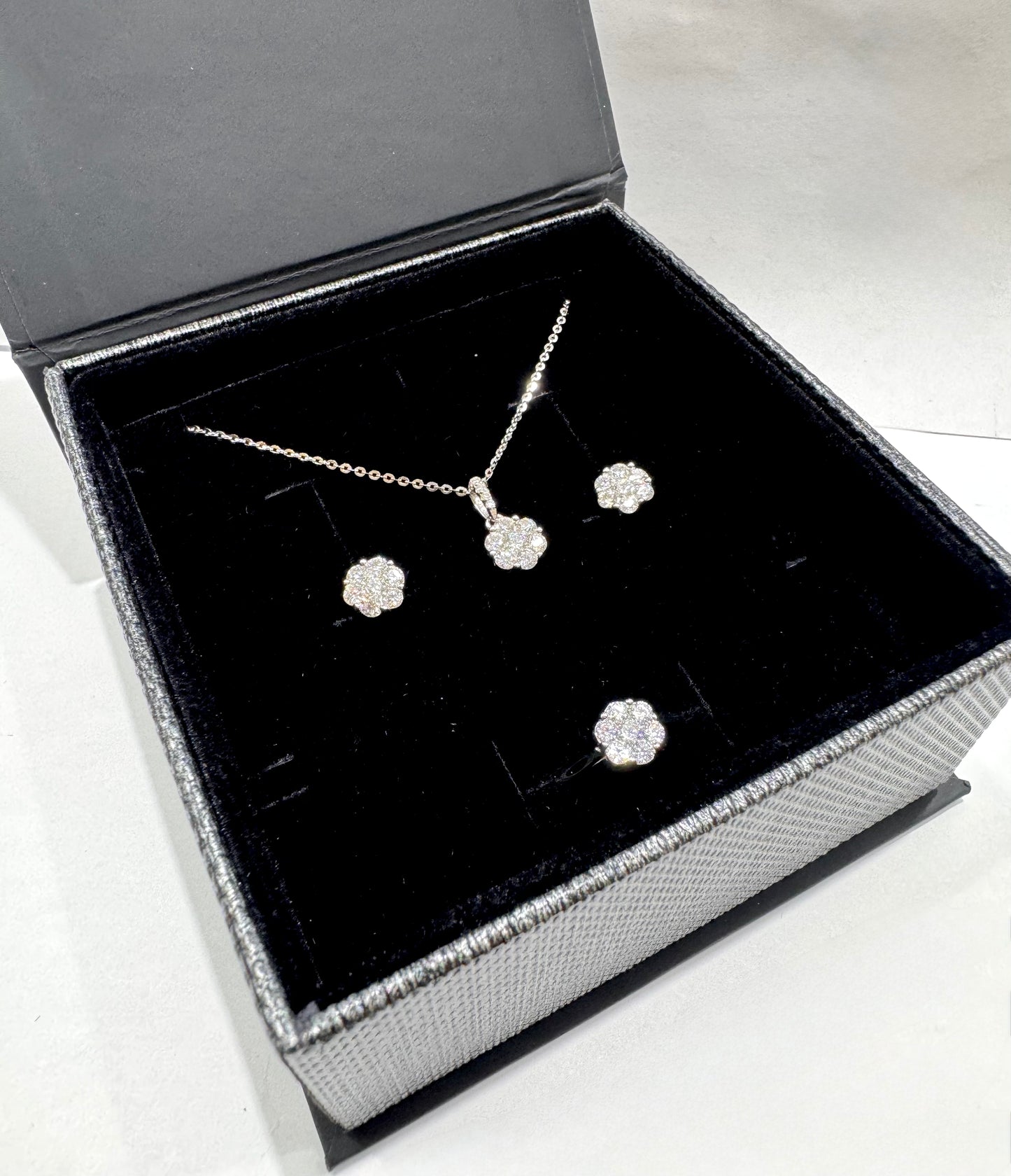 SILVER MOISSANITE FLORAL CLUSTER JEWELRY SET 2.35CT, RING-SIZE: 7