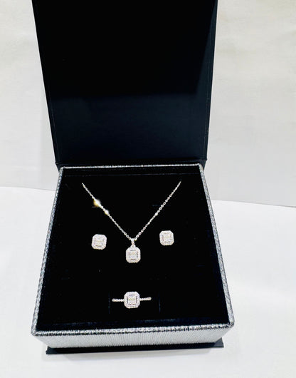 SILVER MOISSANITE BAGUETTE CUT CENTERS HALO FRAMES PENDANT SET 1.35CT, RING-SIZE: 7