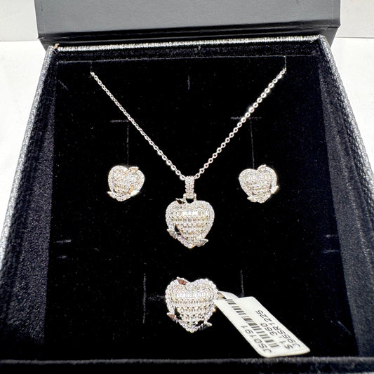 SILVER MOISSANITE HEART SHAPE JEWELRY SET WITH BUTTERFLIES 2.25CT, RING-SIZE: 7