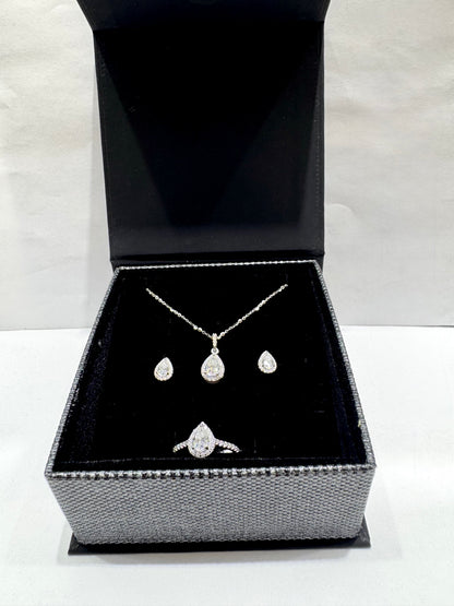 SILVER MOISSANITE TEAR-DROP SHAPED JEWELRY SET 3.73CT, RING-SIZE: 7
