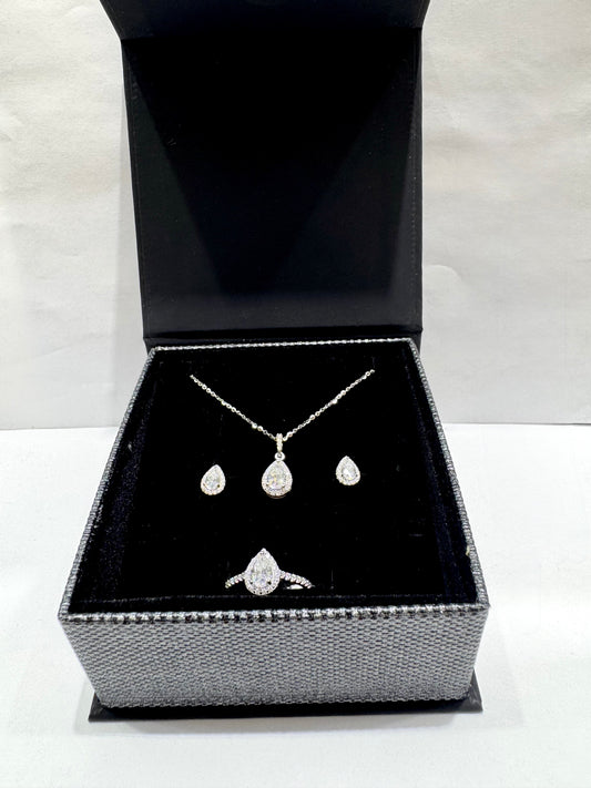 SILVER MOISSANITE TEAR-DROP SHAPED JEWELRY SET 3.73CT, RING-SIZE: 7