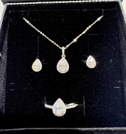 SILVER MOISSANITE TEAR-DROP SHAPED JEWELRY SET 3.73CT, RING-SIZE: 7