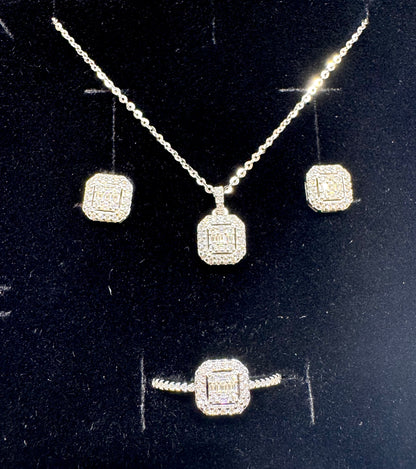 SILVER MOISSANITE BAGUETTE CUT CENTERS HALO FRAMES PENDANT SET 1.35CT, RING-SIZE: 7