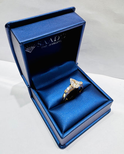 14K GOLD PEAR-CUT, THREE STONE LAB GROWN DIAMOND RING 1.85CT, SIZE: 7